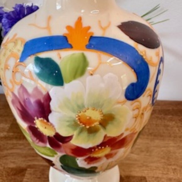 Vintage Hand Painted Floral Pedestal Vase Multicolour Ceramic Pottery‎ Decor - Picture 6 of 9